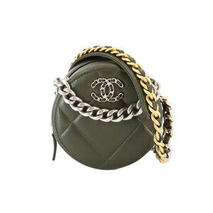 CHANEL 19 Round Clutch Chain Shoulder Bag Leather Khaki AP0945 Purse 90242856